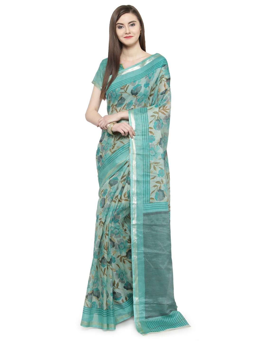 

HRITIKA Floral Printed Silk Cotton Zari Saree, Teal