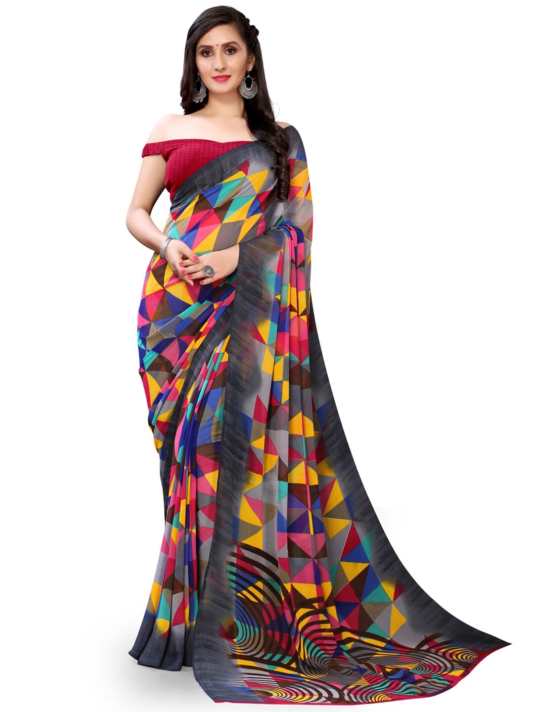 

HRITIKA Geometric Printed Pure Georgette Saree, Grey