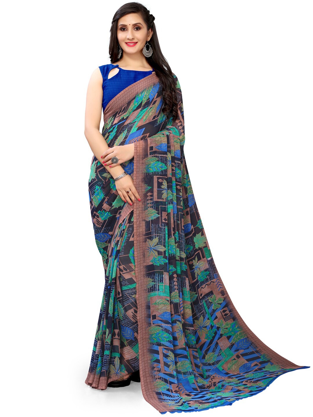 

HRITIKA Floral Printed Pure Georgette Saree, Navy blue