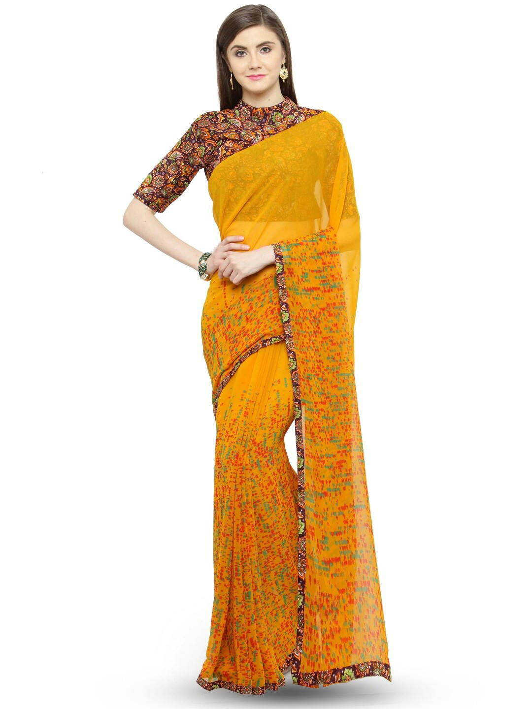 

HRITIKA Abstract Printed Pure Georgette Saree, Yellow