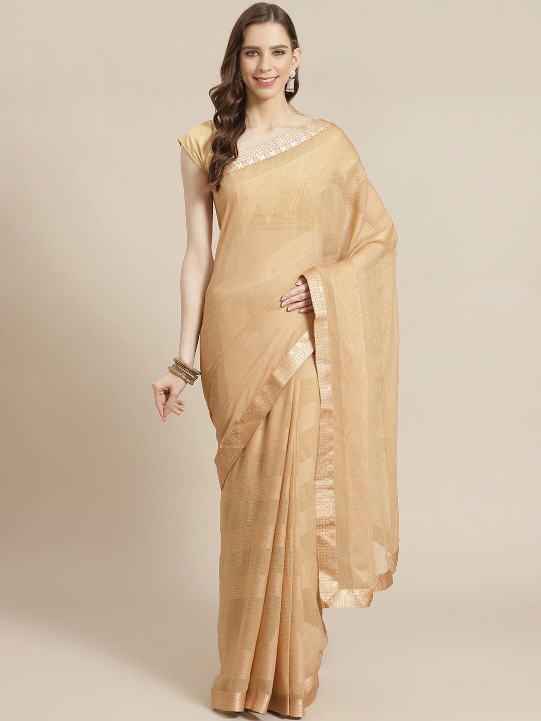 

HRITIKA Striped Brasso Saree, Beige