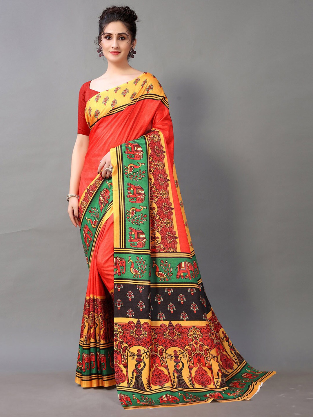 

HRITIKA Ethnic Motifs Printed Saree, Red