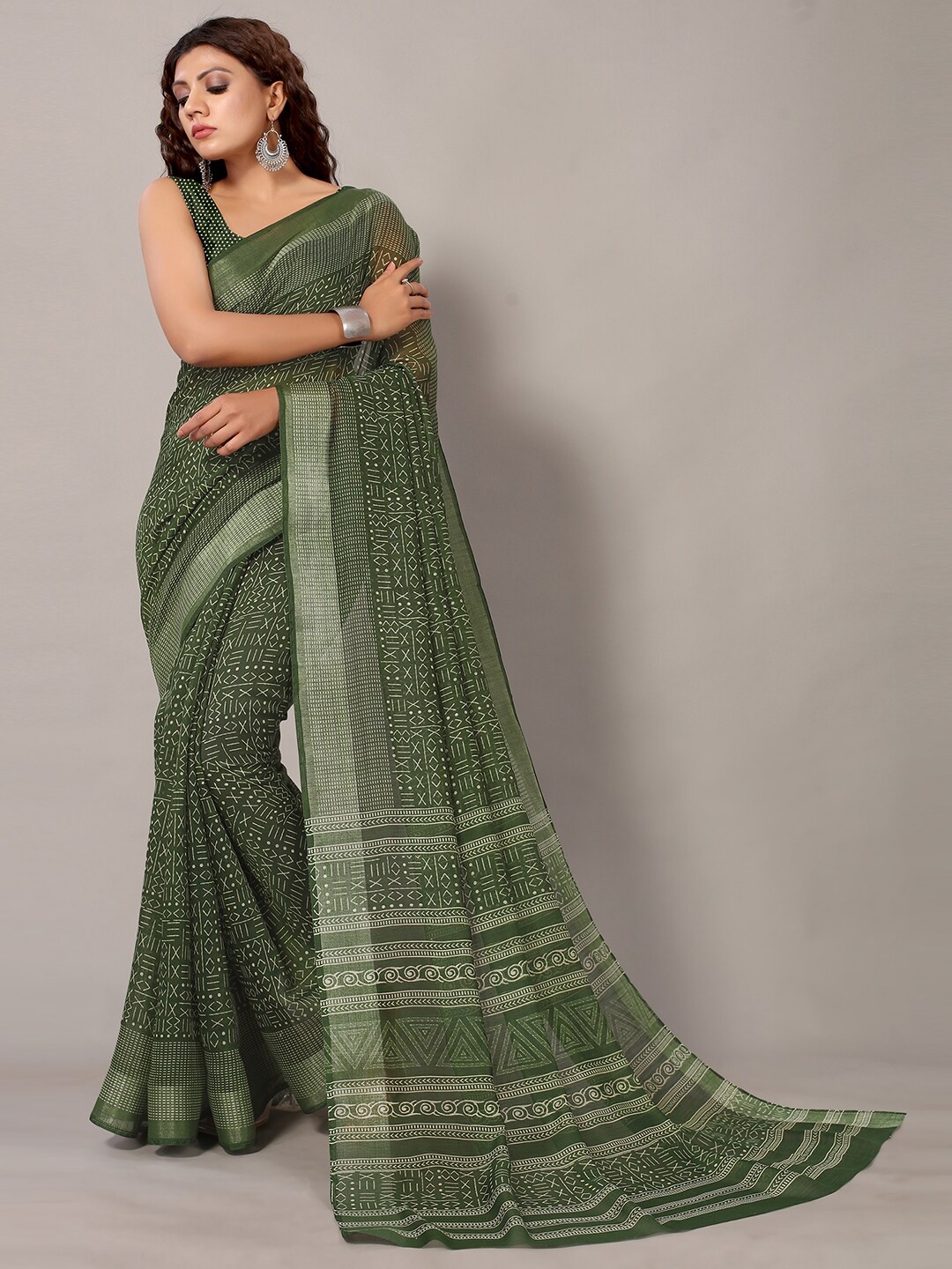 

HRITIKA Geometric Printed Zari Silk Cotton Saree, Green