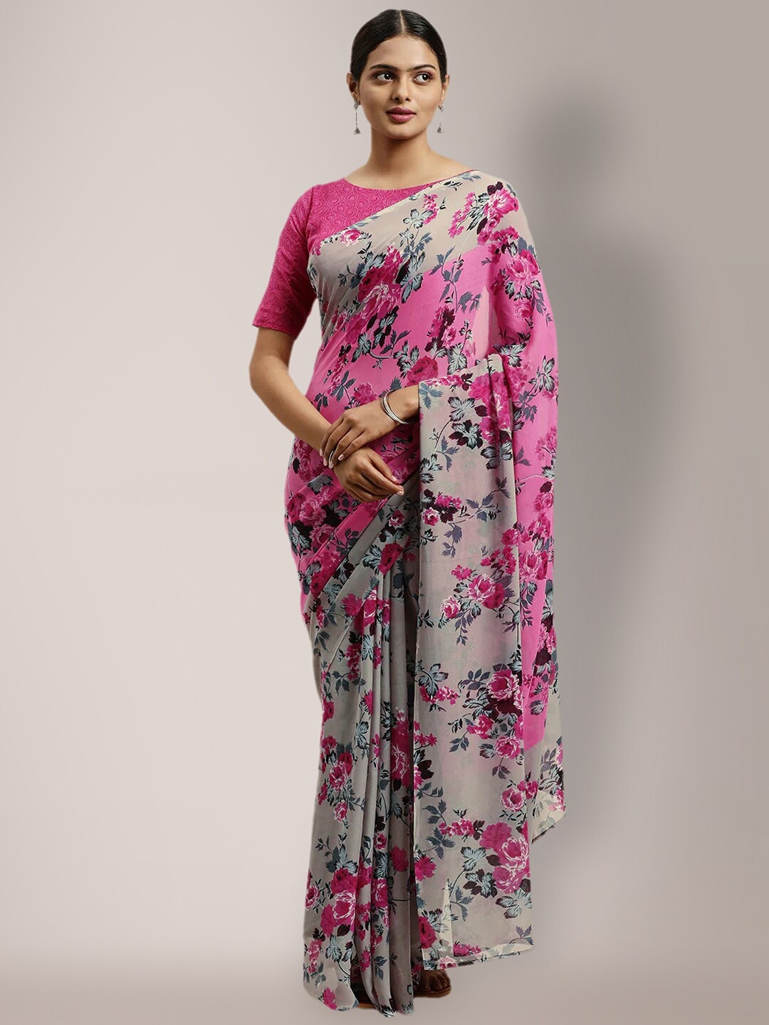 

HRITIKA Floral Printed Saree, Pink