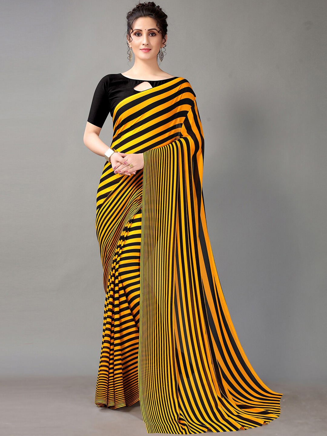 

HRITIKA Striped Poly Georgette Saree, Yellow