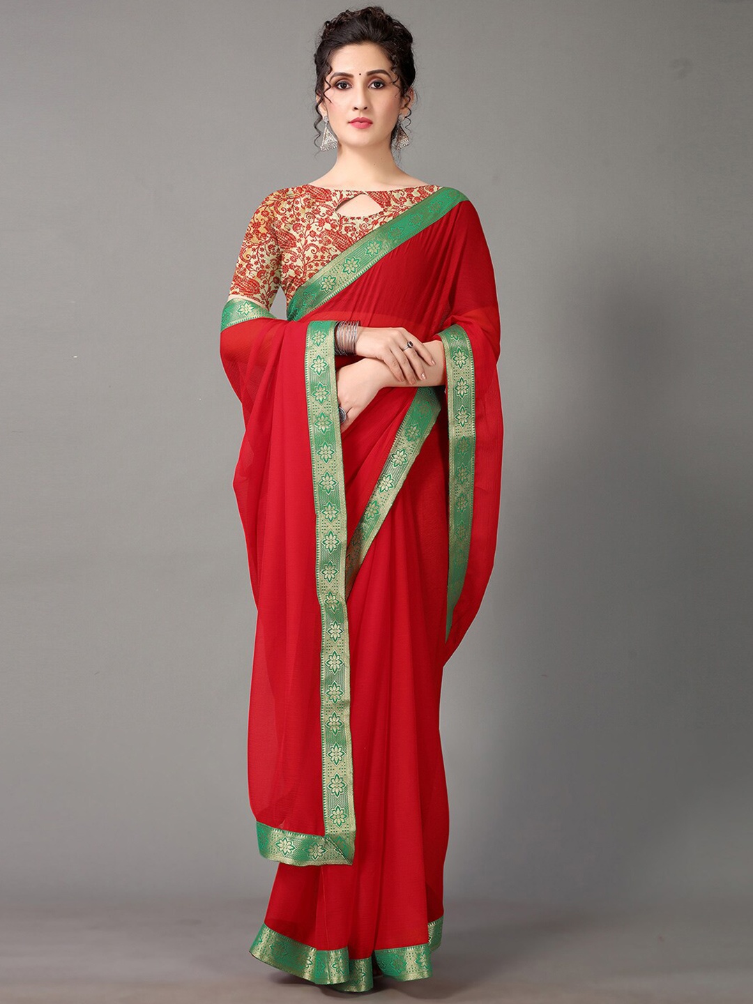 

HRITIKA Poly Chiffon Zari Saree, Red