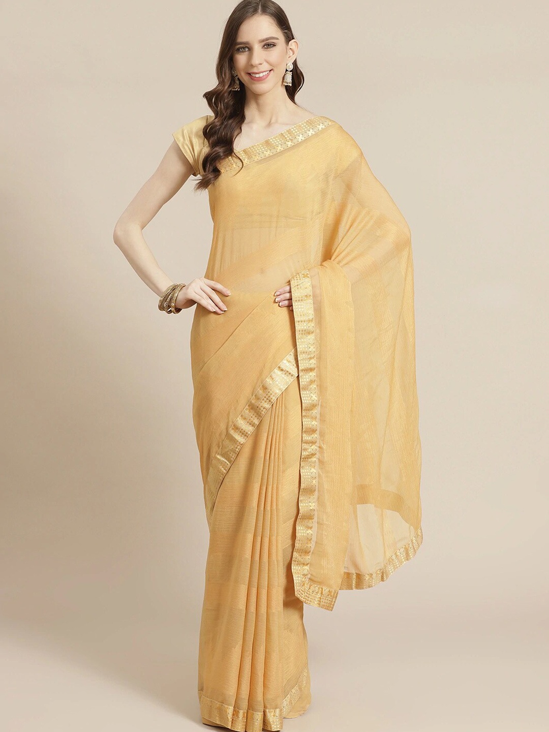 

HRITIKA Striped Zari Brasso Saree, Beige