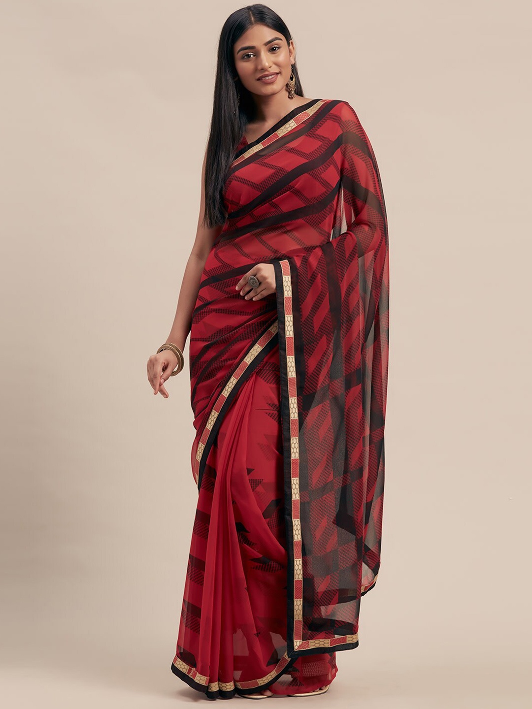 

HRITIKA Abstract Printed Zari Saree, Red