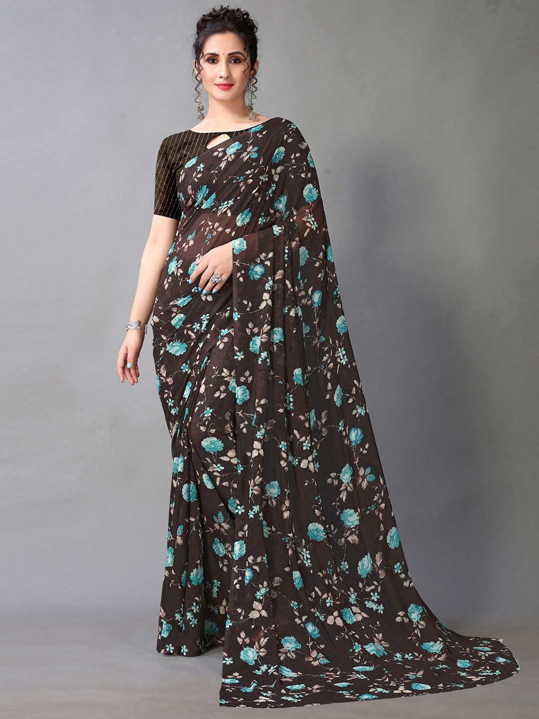 

HRITIKA Floral Printed Pure Georgette Saree, Black