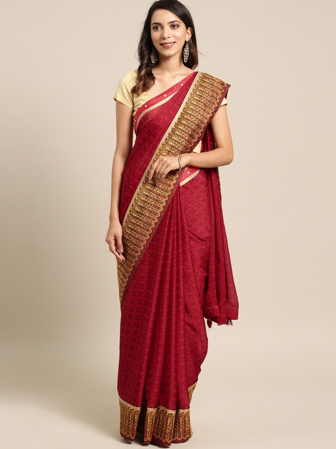 

HRITIKA Geometric Printed Pure Chiffon Saree, Maroon