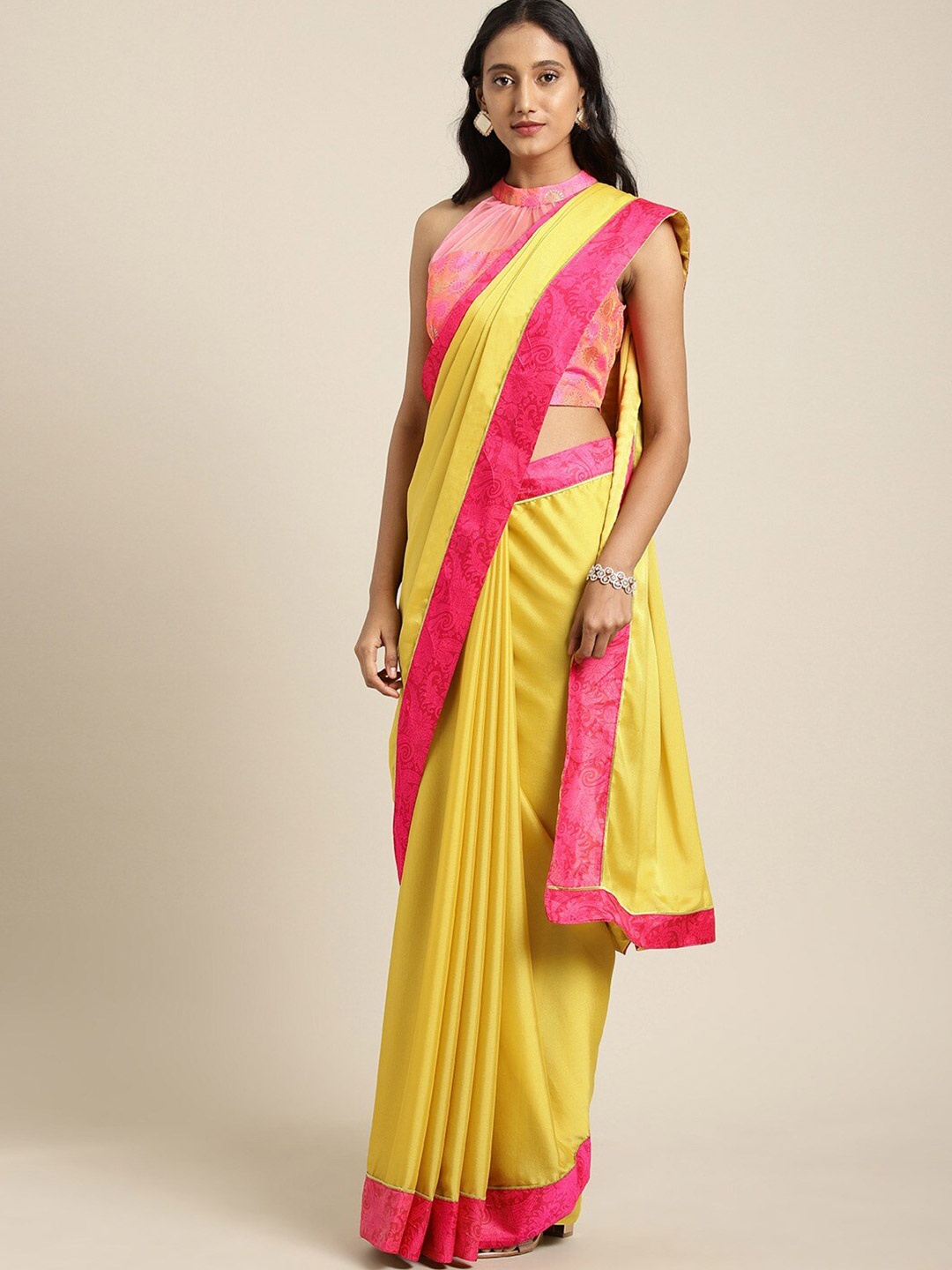 

HRITIKA Solid Pure Chiffon Zari Saree, Yellow