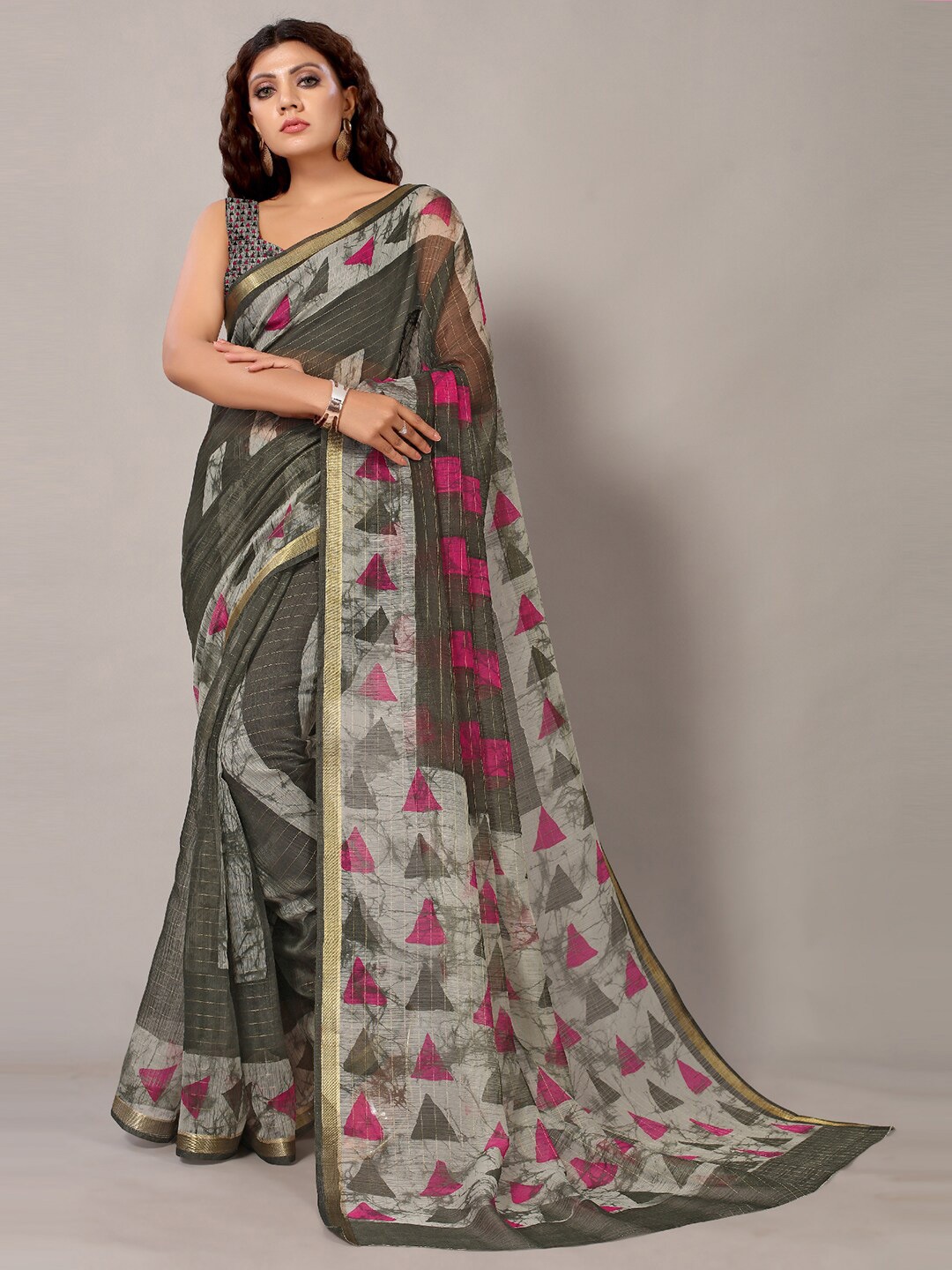 

HRITIKA Geometric Printed Zari Saree, Green