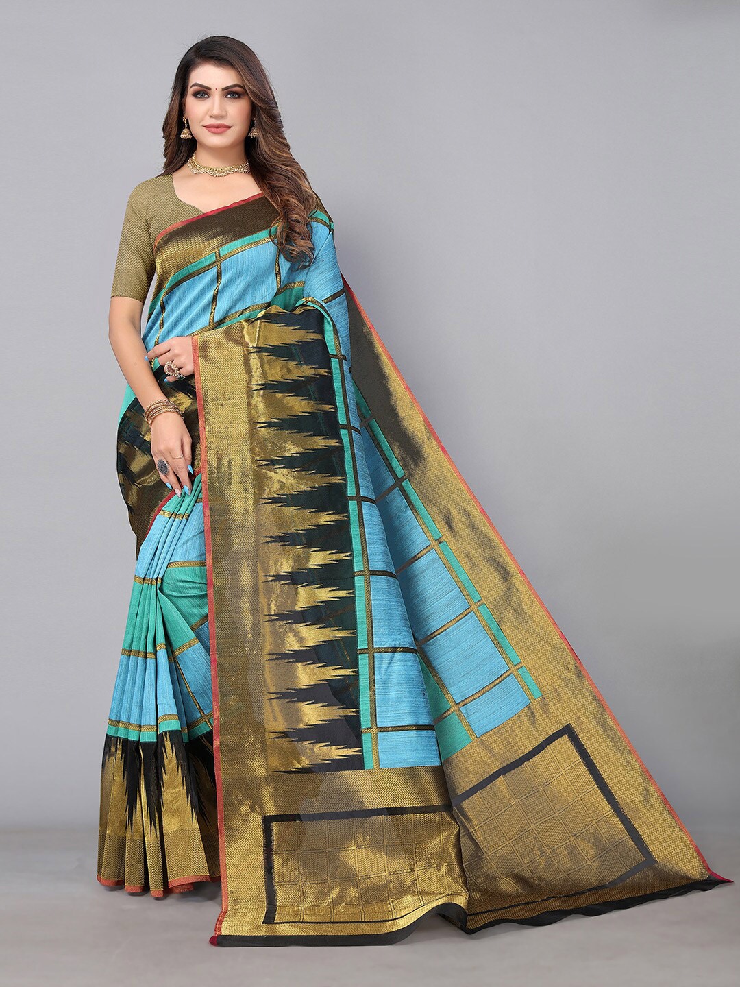 

HRITIKA Checked Zari Silk Cotton Saree, Blue