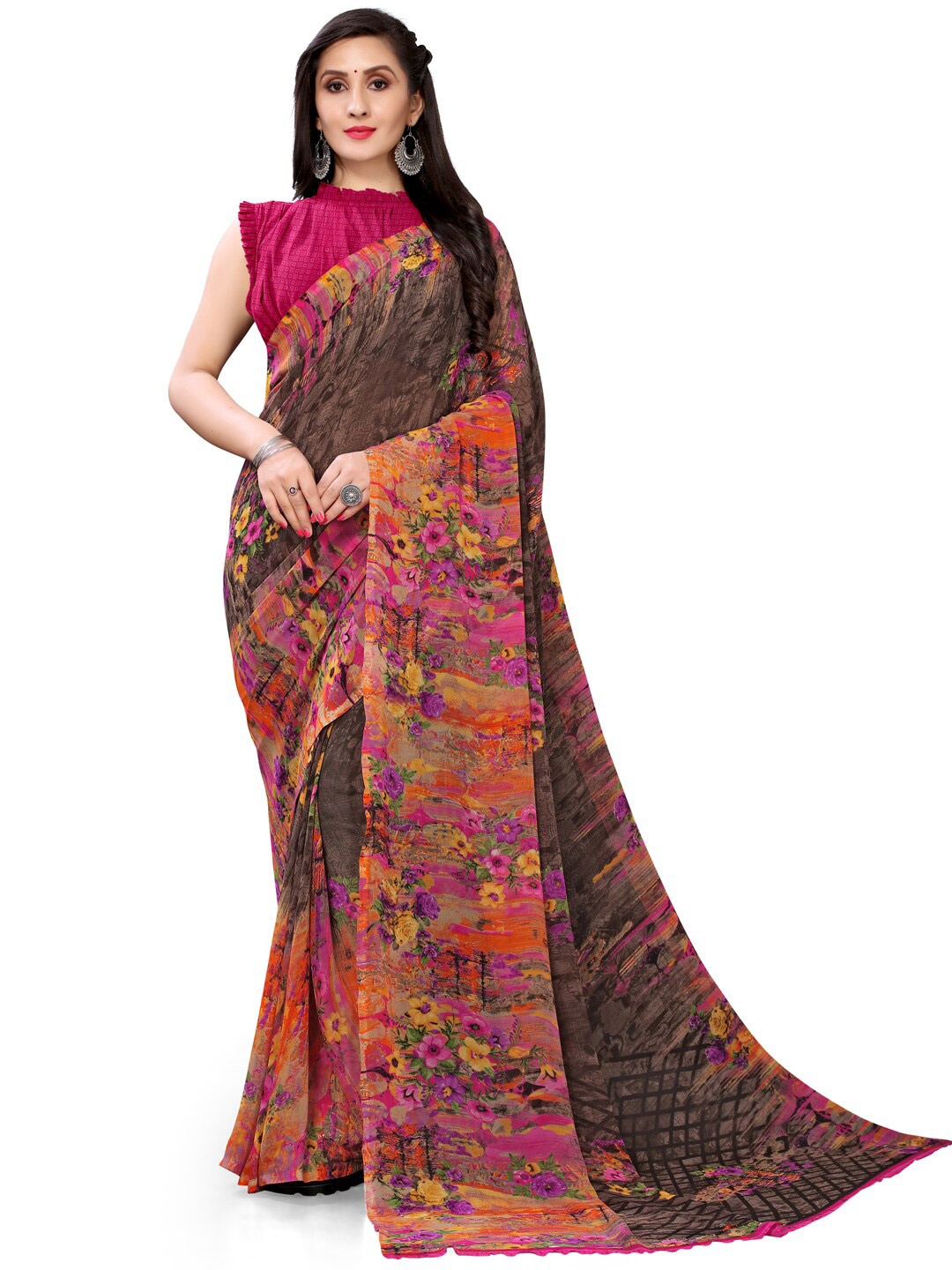 

HRITIKA Floral Printed Pure Georgette Saree, Pink