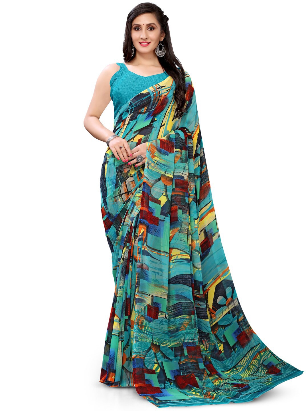 

HRITIKA Abstract Printed Pure Georgette Saree, Sea green