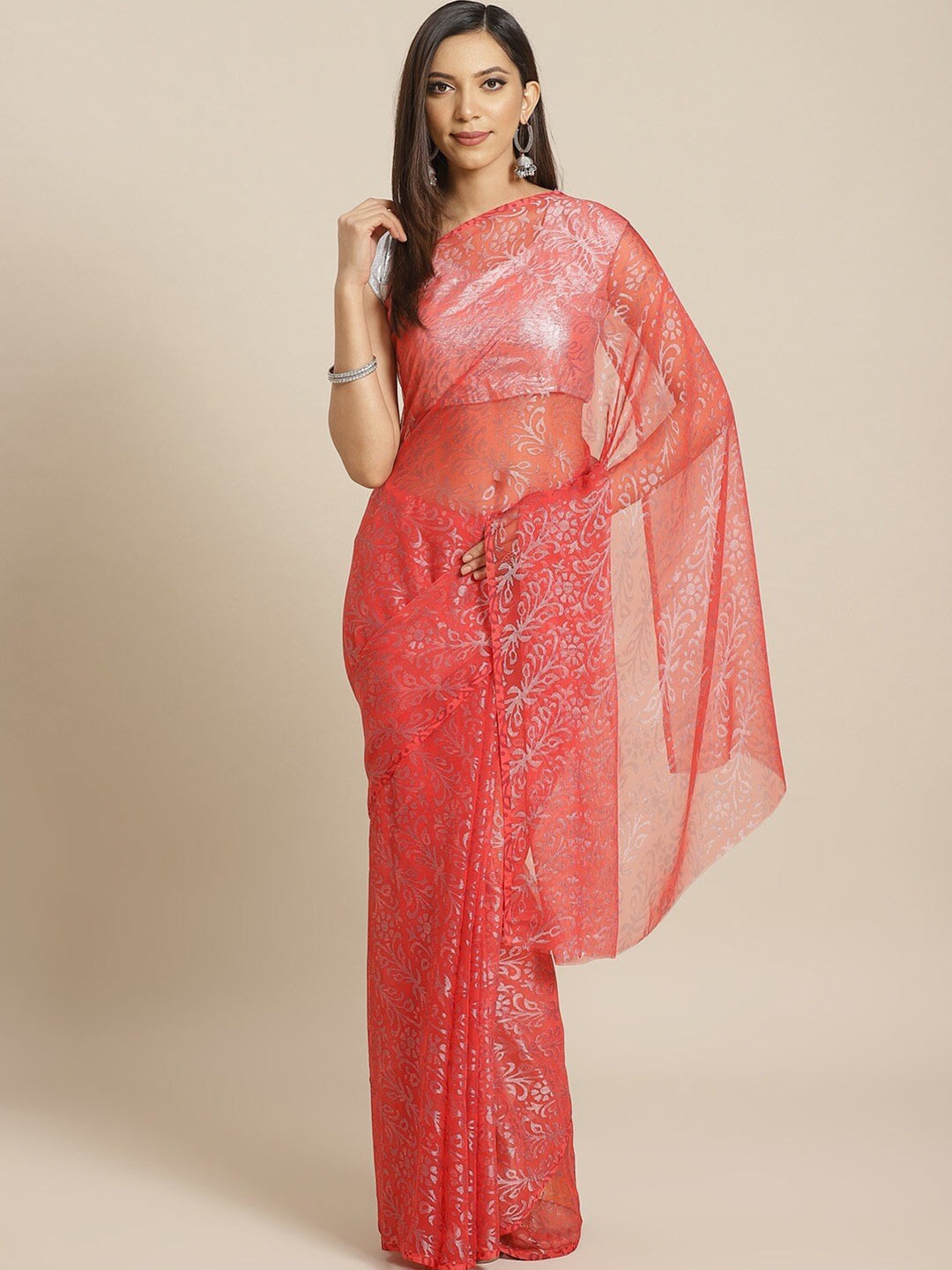 

HRITIKA Floral Woven Design Brasso Saree, Red