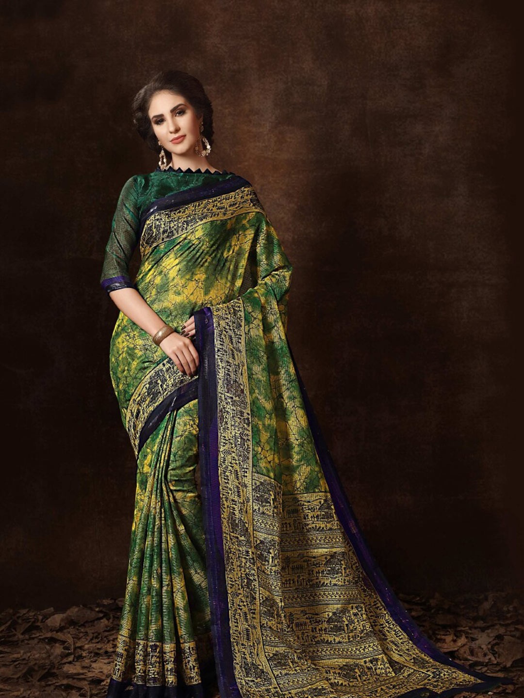 

HRITIKA Abstract Printed Saree, Green