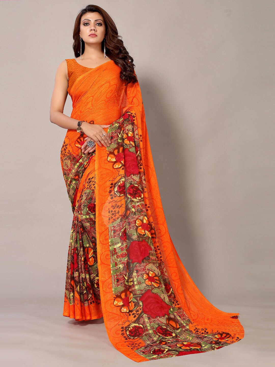 

HRITIKA Ethnic Motifs Printed Pure Georgette Saree, Orange