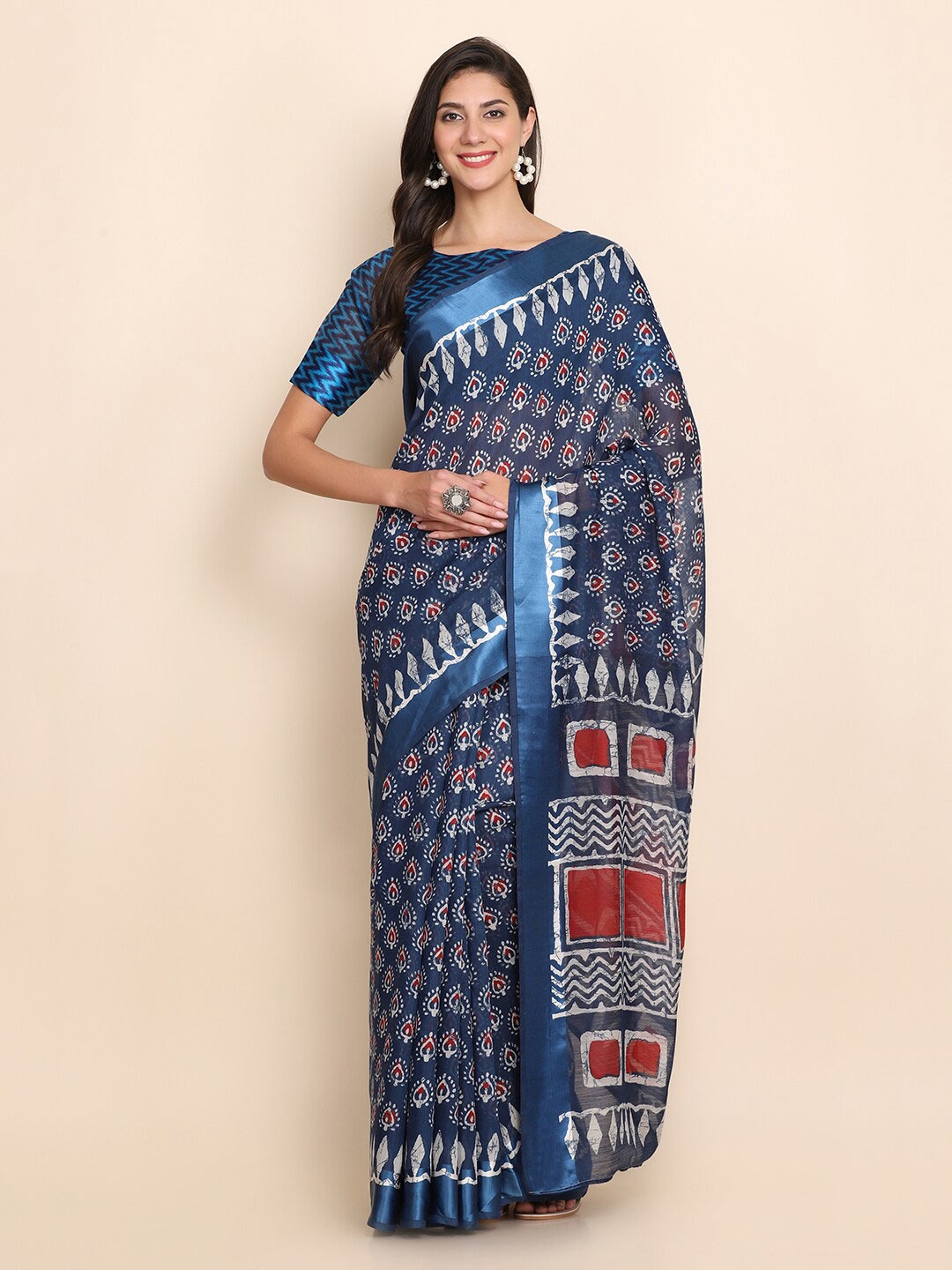 

HRITIKA Blue Ethnic Motifs Printed Silk Blend Saree