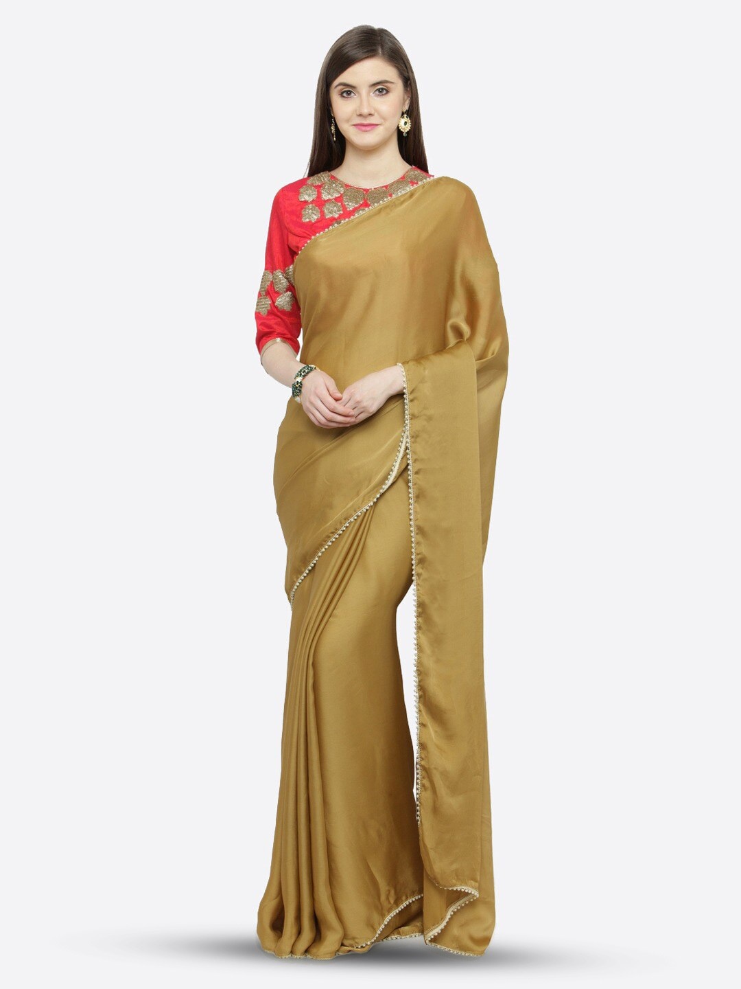 

HRITIKA Embellished Detail Satin Saree, Beige