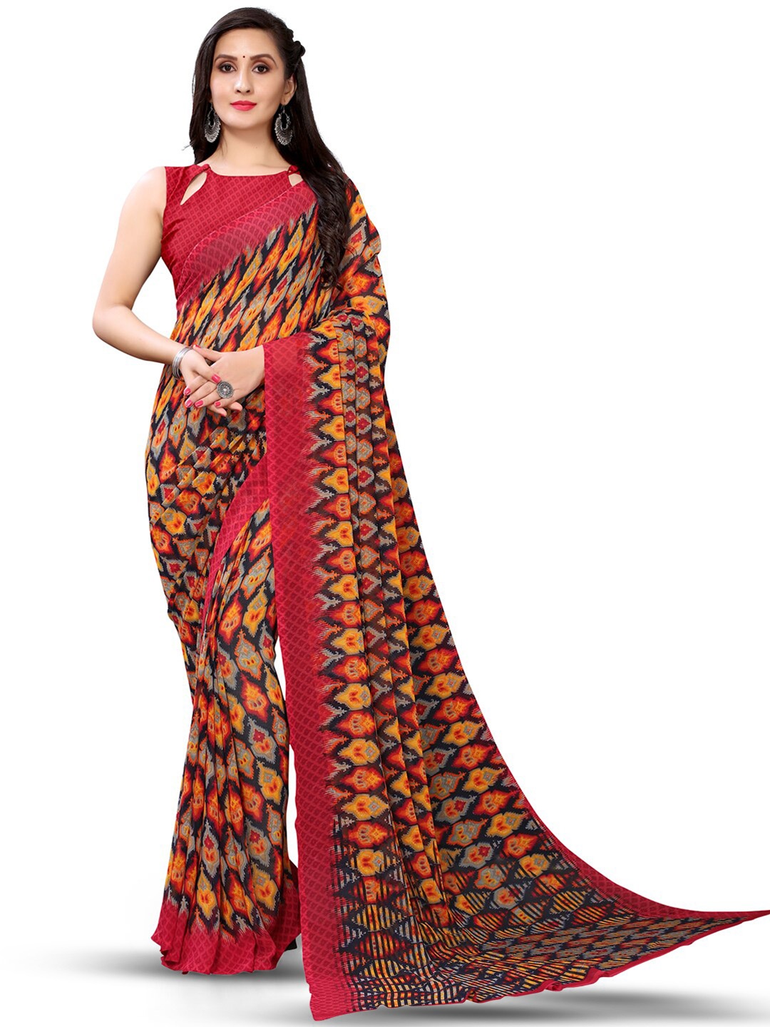 

HRITIKA Ethnic Motifs Printed Block Print Saree, Red