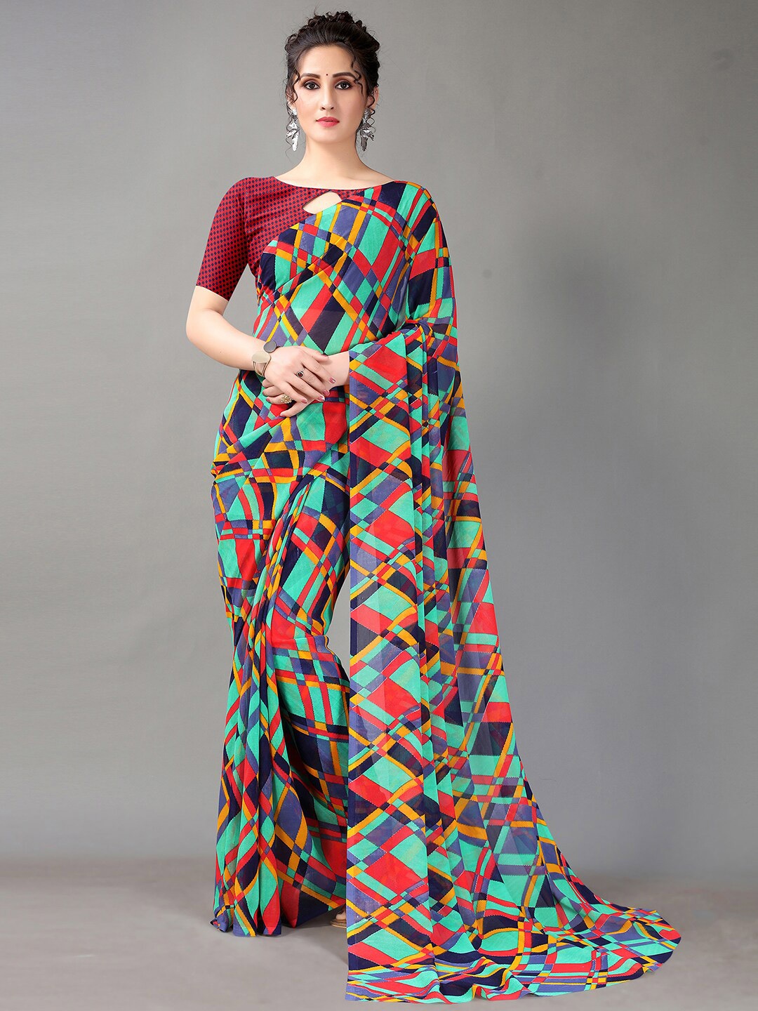 

HRITIKA Checked Saree, Green