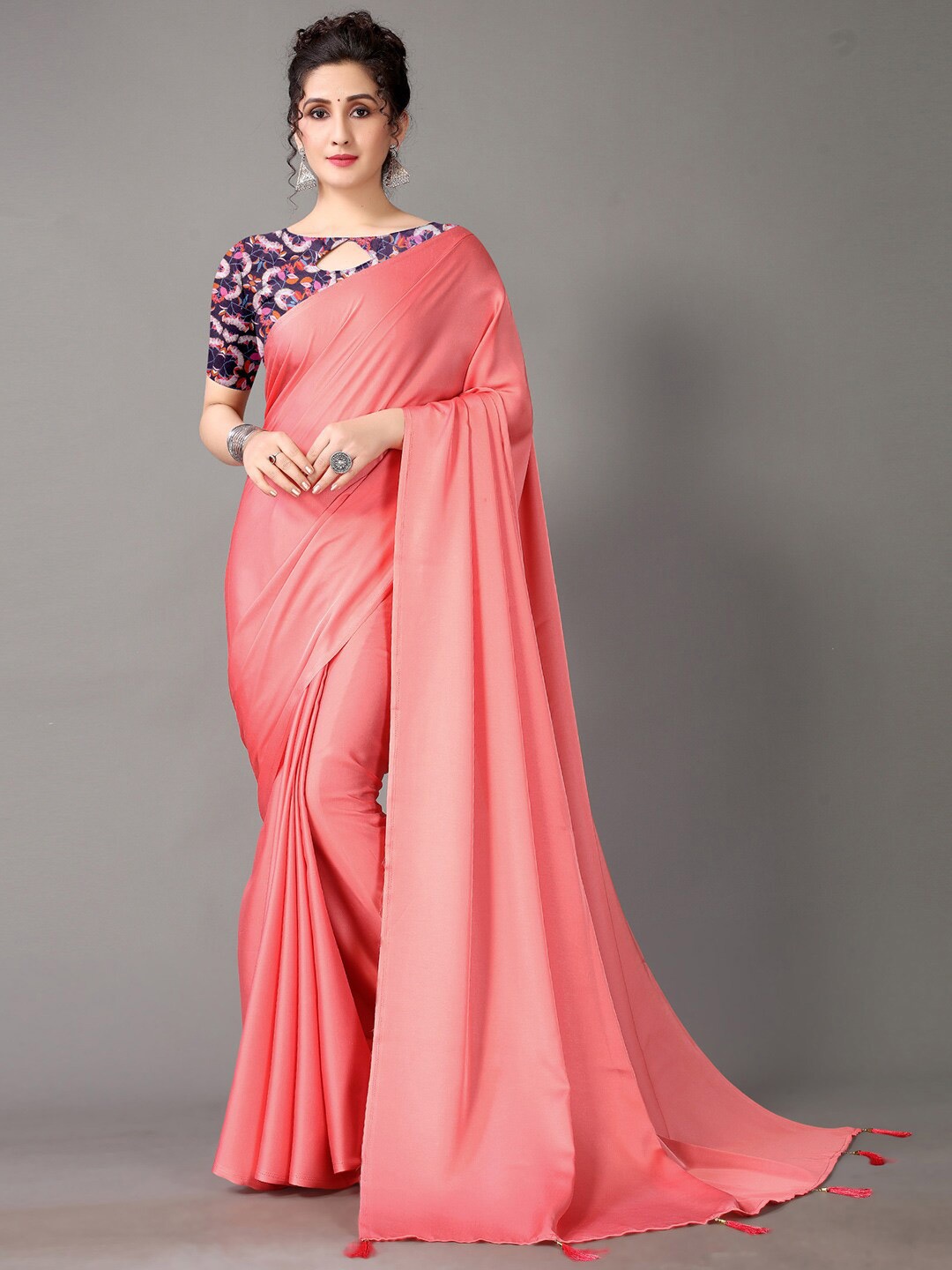 

HRITIKA Solid Satin Saree, Pink