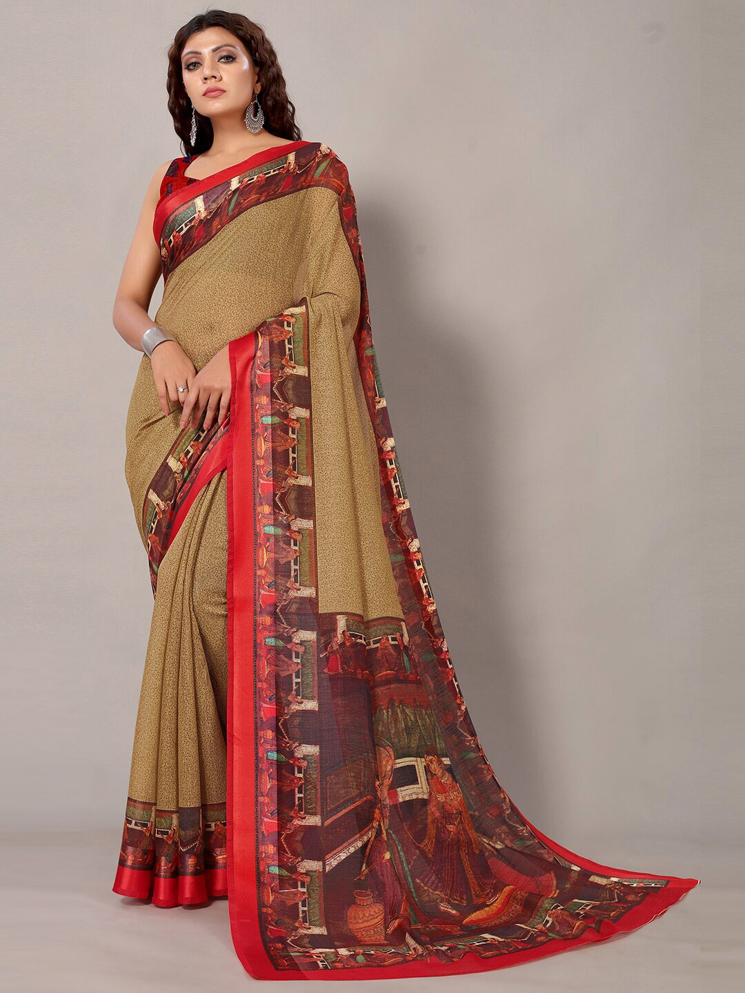 

HRITIKA Ethnic Motifs Printed Silk Cotton Saree, Beige