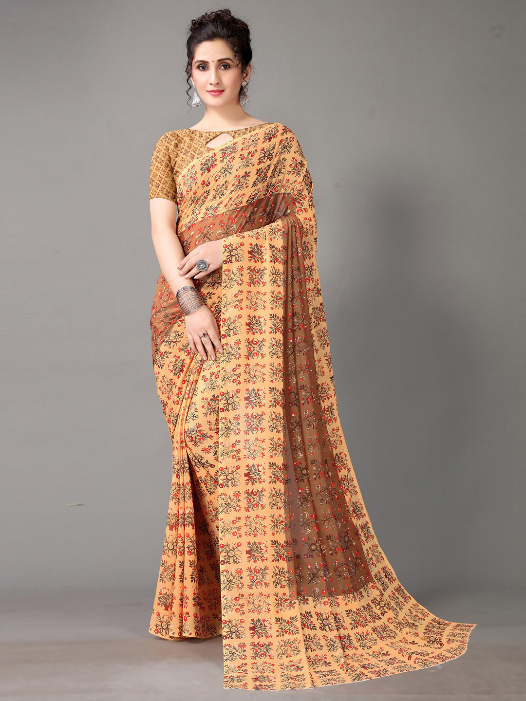 

HRITIKA Ethnic Motifs Printed Pure Georgette Saree, Cream