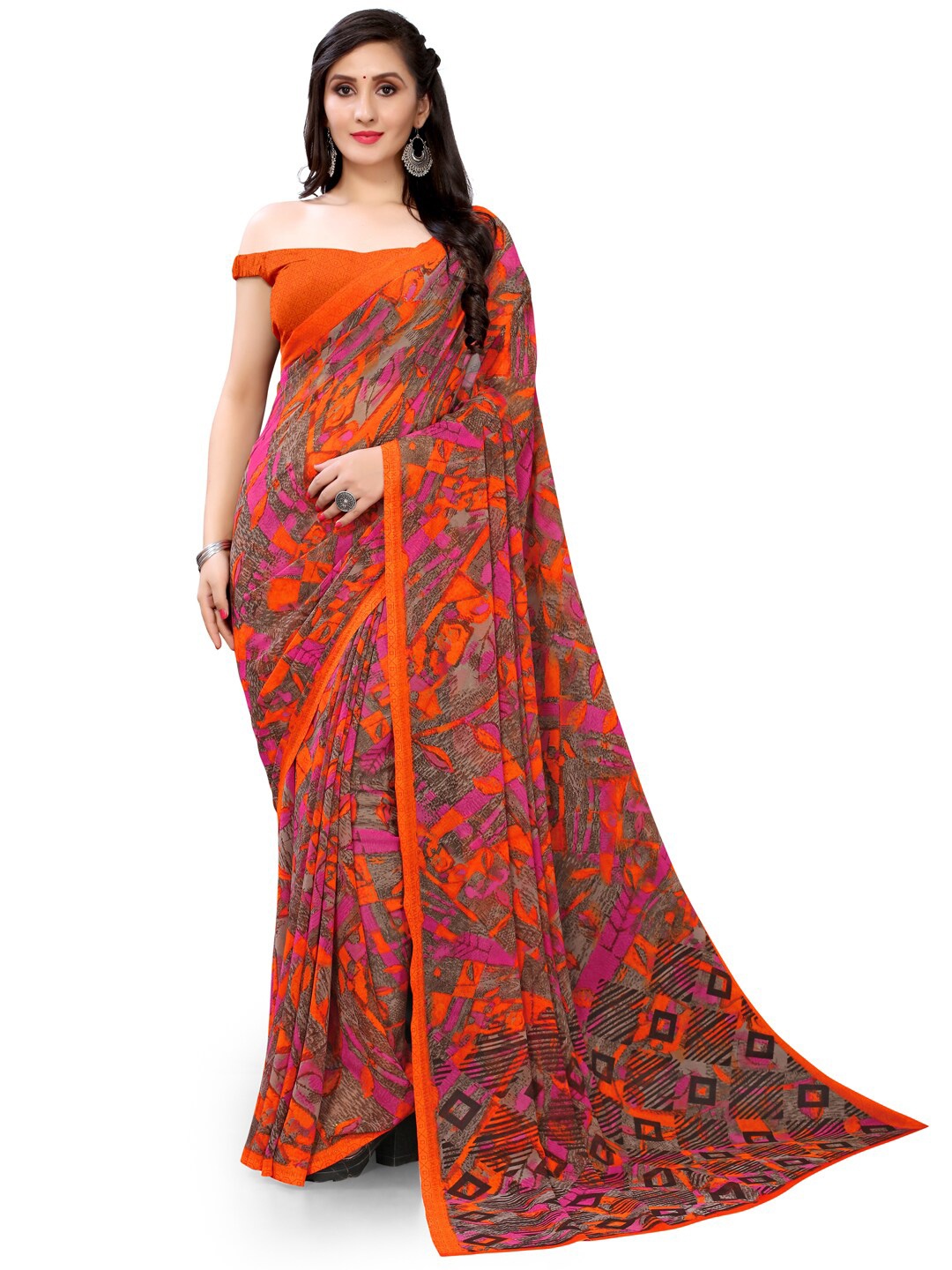 

HRITIKA Abstract Printed Pure Georgette Saree, Orange