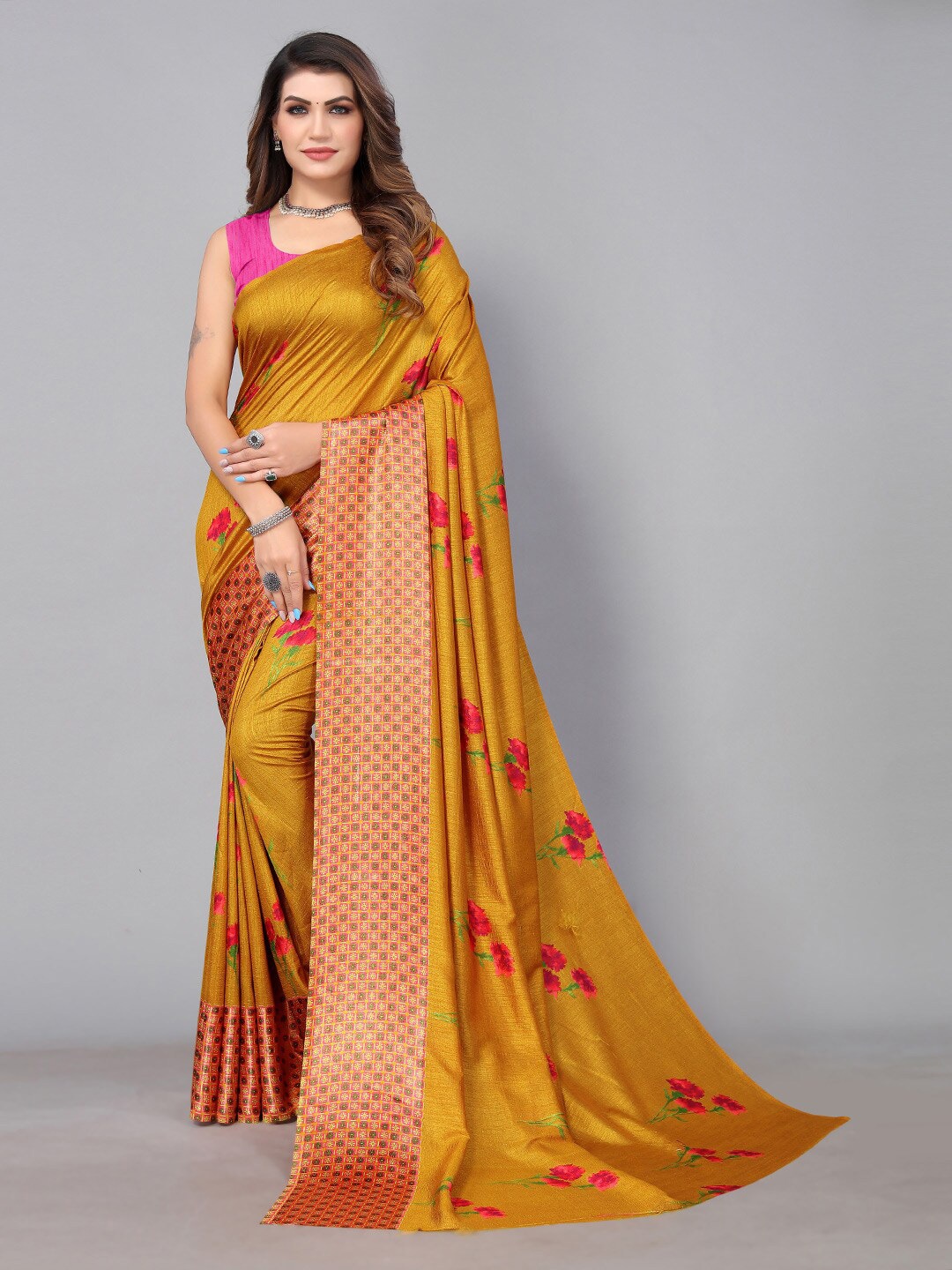 

HRITIKA Floral Printed Saree, Mustard