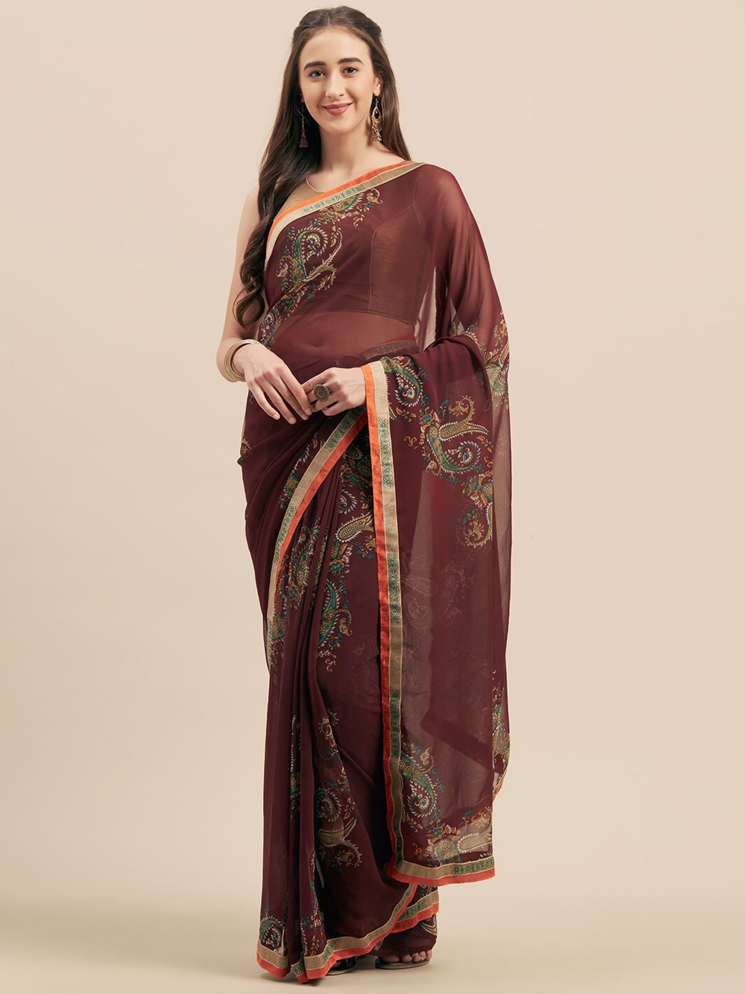 

HRITIKA Ethnic Motifs Printed Saree, Brown
