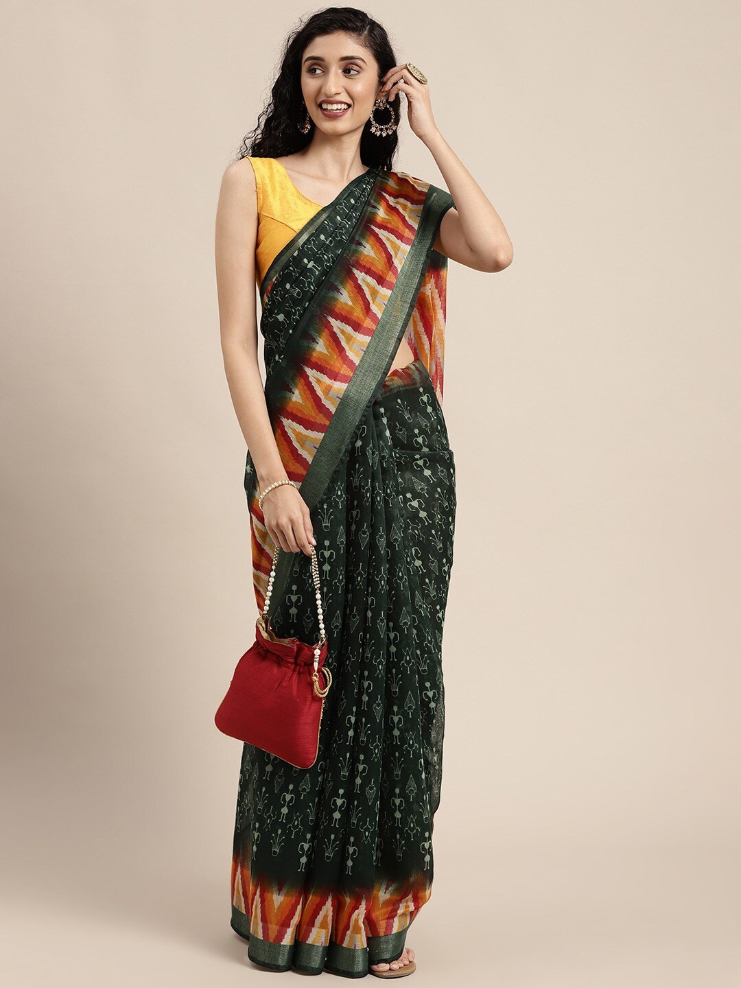 

HRITIKA Floral Printed Zari Silk Cotton Saree, Green