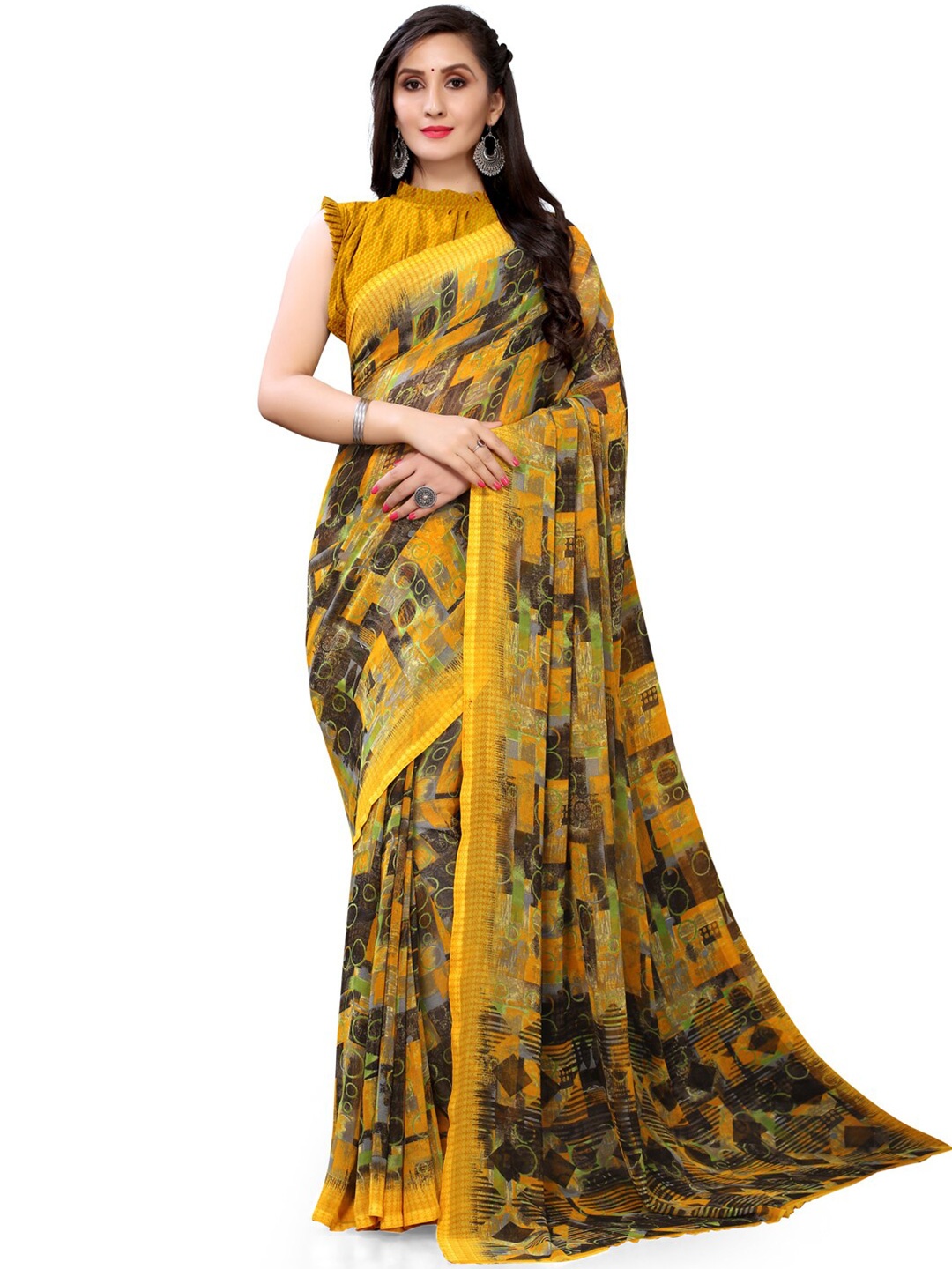 

HRITIKA Abstract Printed Pure Georgette Saree, Yellow
