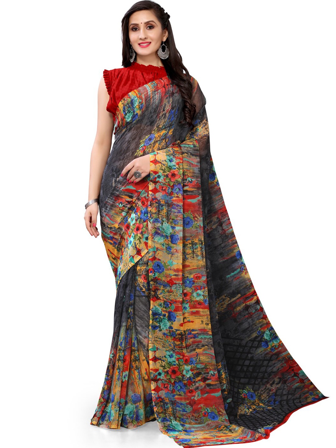 

HRITIKA Floral Printed Pure Georgette Saree, Grey