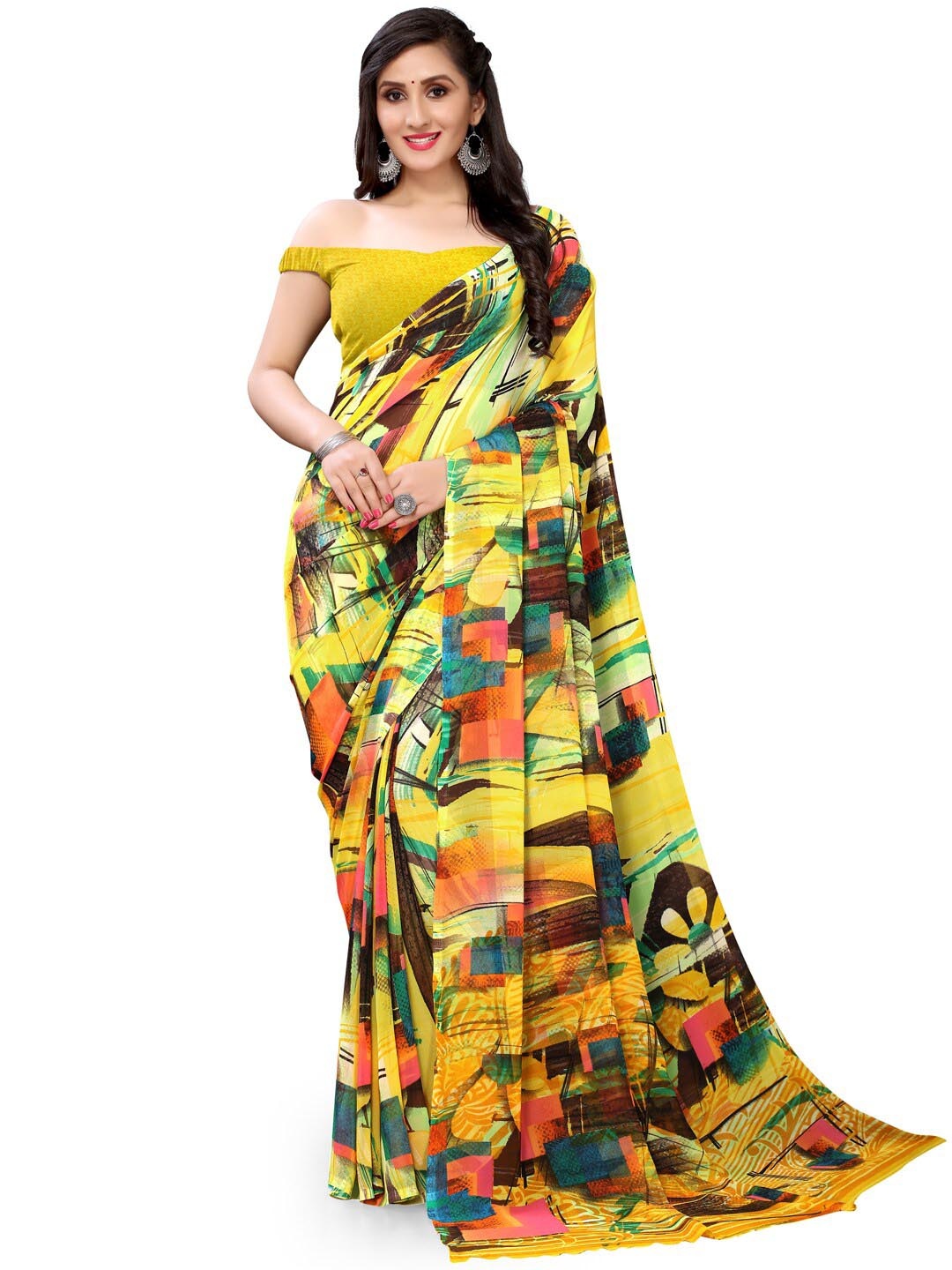 

HRITIKA Abstract Printed Pure Georgette Saree, Yellow