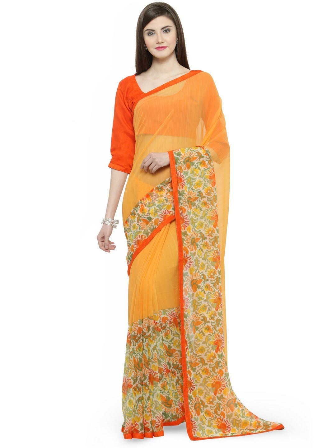 

HRITIKA Floral Printed Pure Georgette Saree, Mustard