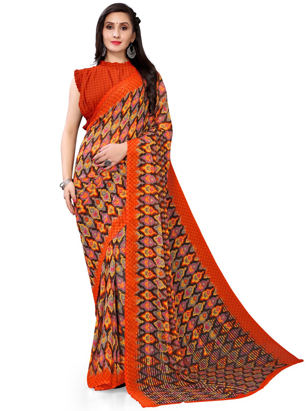 

HRITIKA Ethnic Motifs Printed Pure Georgette Block Print Saree, Red