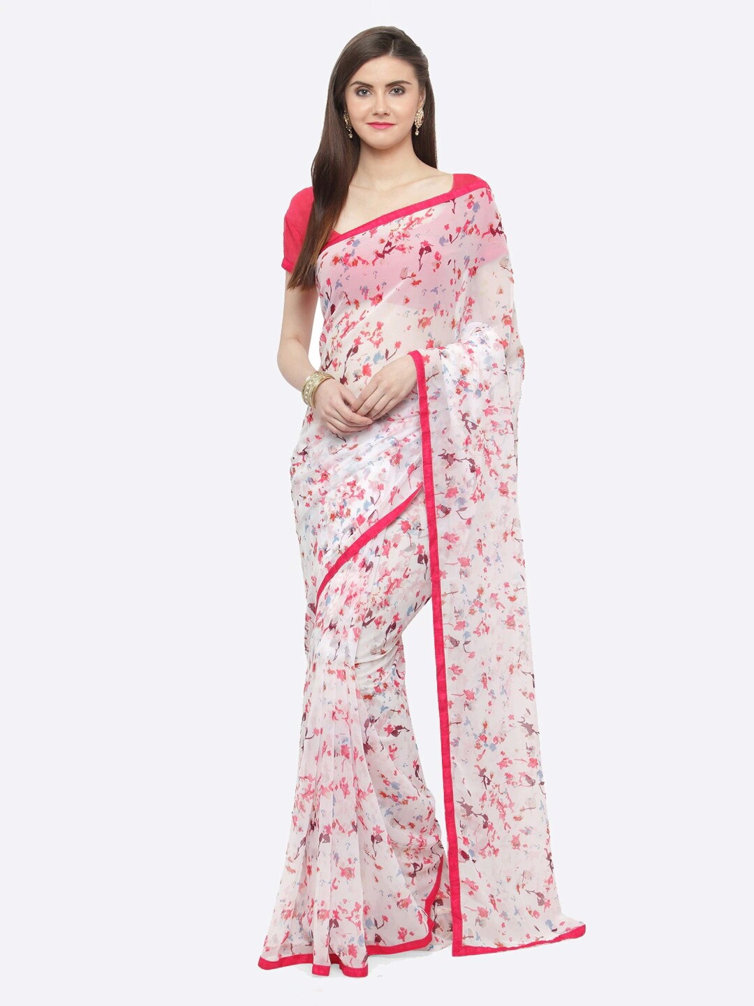 

HRITIKA Floral Printed Pure Georgette Saree, White