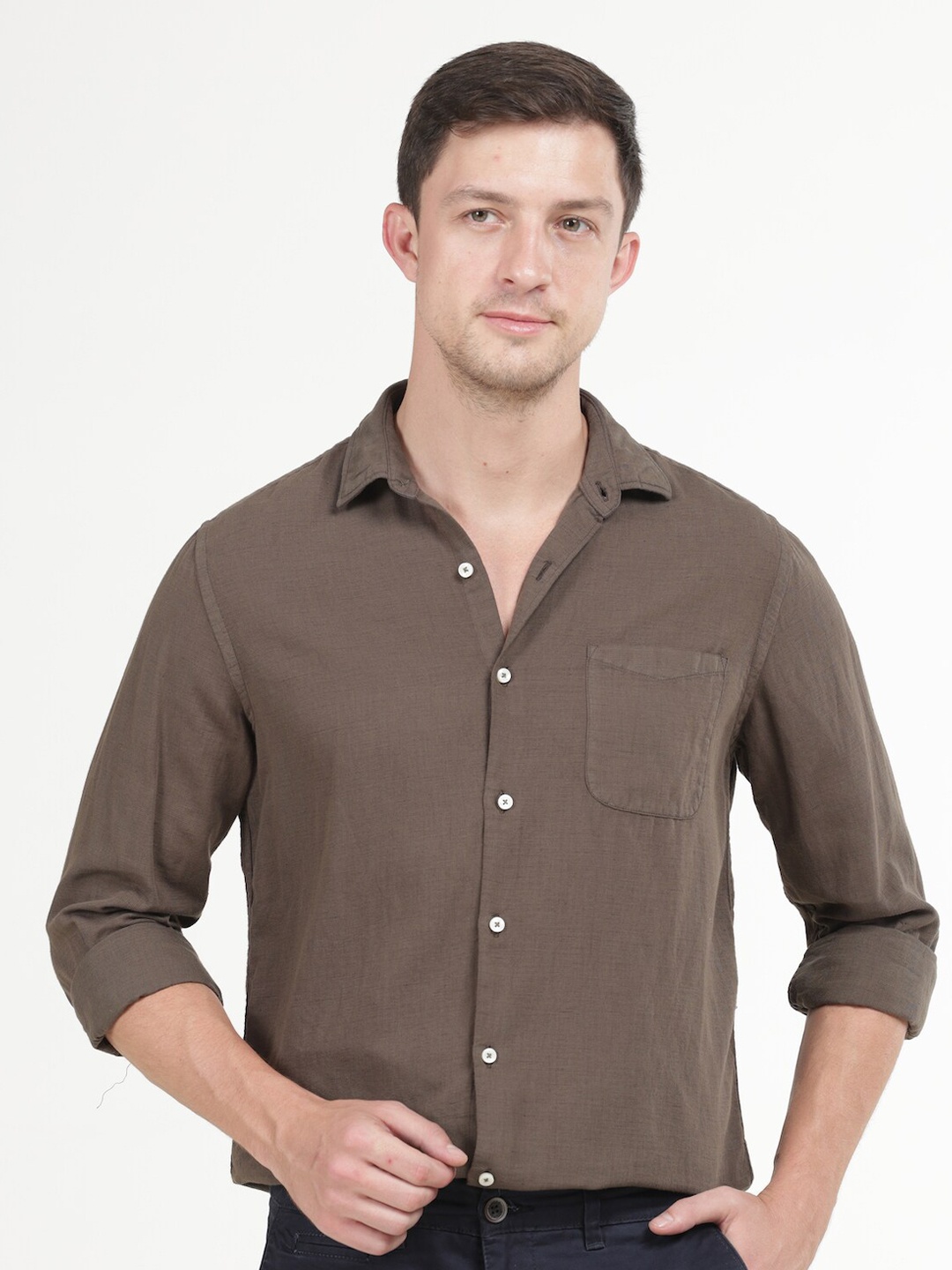 

POE Smart Slim Fit Cotton Linen Casual Shirt, Olive