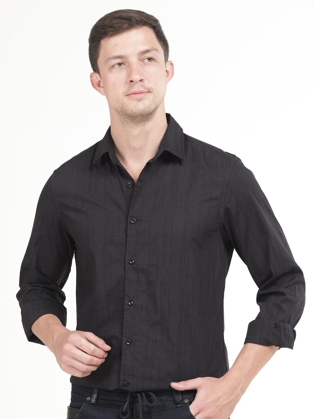 

POE Smart Slim Fit Abstract Printed Pure Cotton Casual Shirt, Black