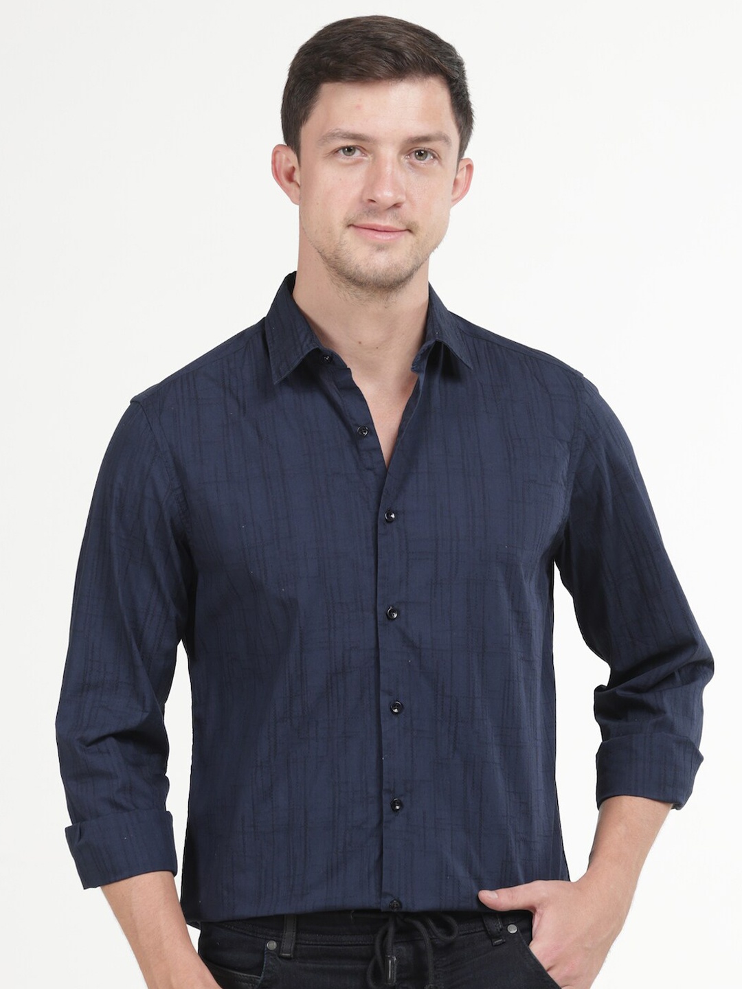 

POE Smart Slim Fit Abstract Printed Pure Cotton Casual Shirt, Navy blue
