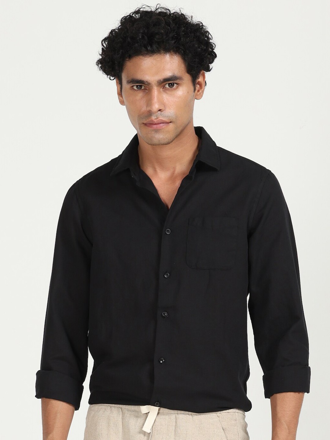 

POE Smart Slim Fit Cotton Linen Casual Shirt, Black