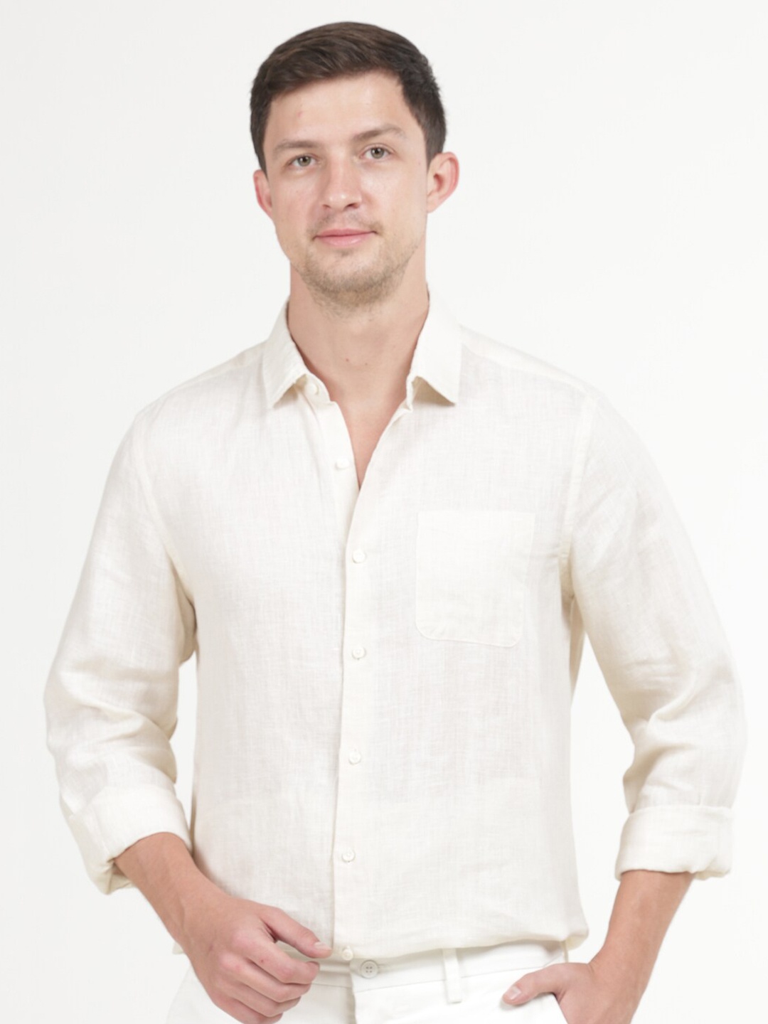 

POE Smart Slim Fit Pure Linen Casual Shirt, Off white