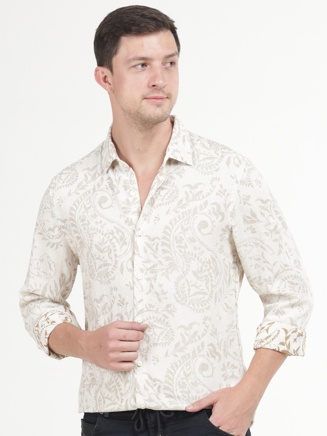 

POE Smart Slim Fit Floral Printed Casual Shirt, Beige