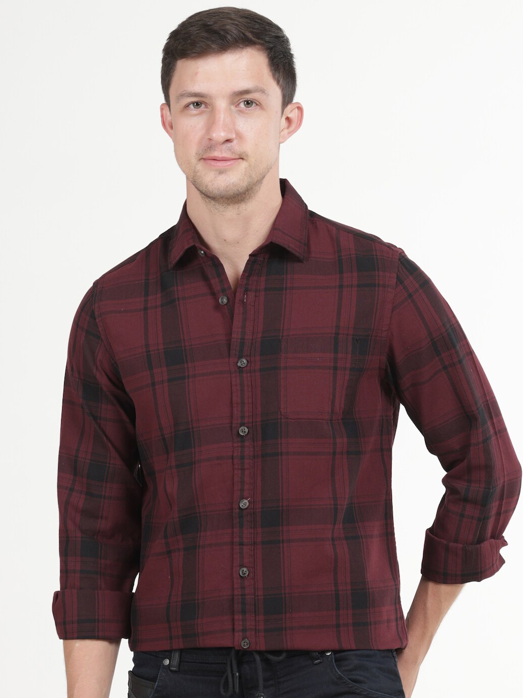 

POE Smart Slim Fit Tartan Checks Spread Collar Long Sleeves Cotton Casual Shirt, Burgundy