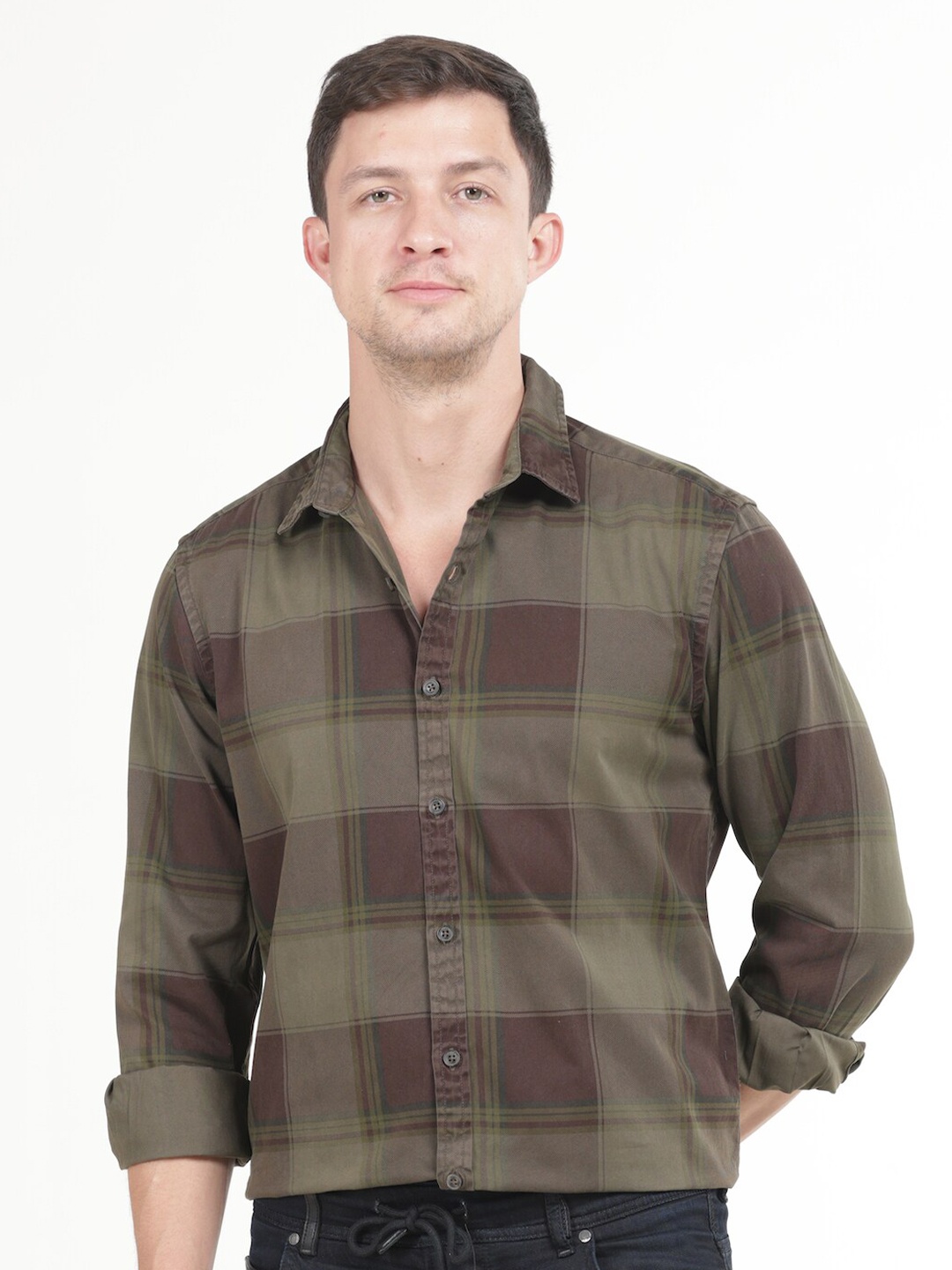 

POE Smart Slim Fit Checked Spread Collar Long Sleeves Cotton Casual Shirt, Olive