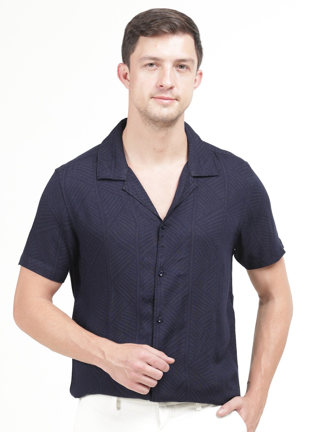 

POE Abstract Printed Smart Slim Fit Casual Shirt, Navy blue