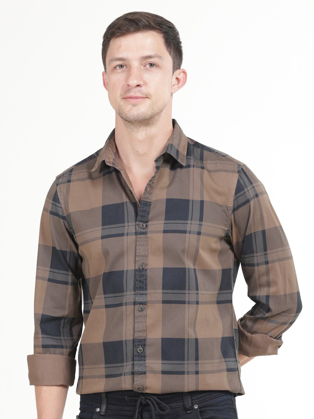 

POE Checked Smart Slim Fit Cotton Casual Shirt, Brown