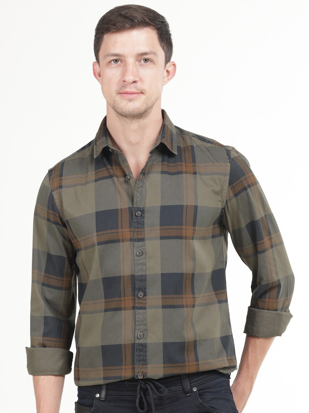 

POE Checked Smart Slim Fit Cotton Casual Shirt, Olive